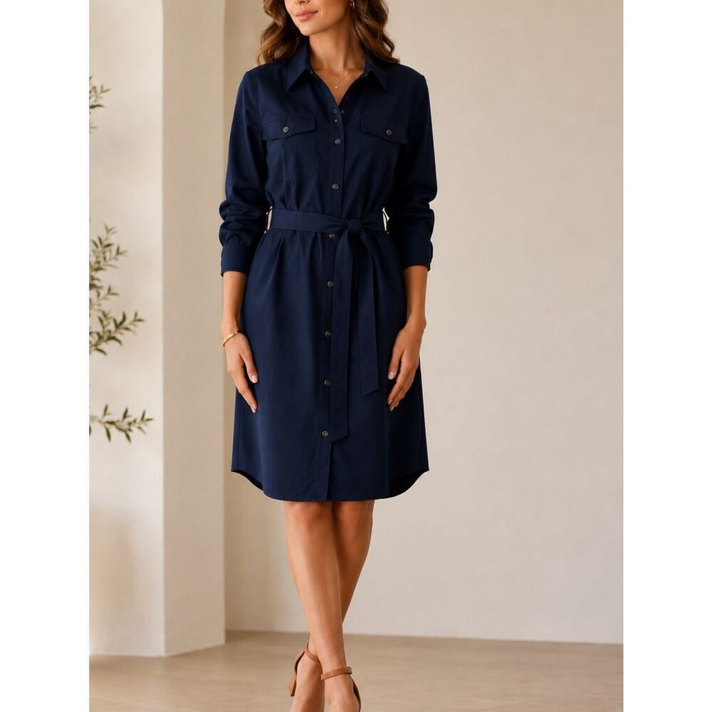 Elevee Navy Blue Long Sleeve Tie Waist Knee Length Shirt Dress Size M by Sandro